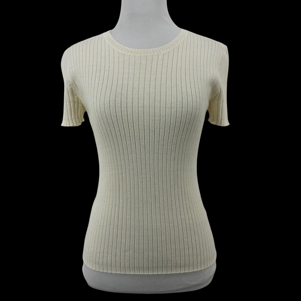 Alexa Chung for AG Small Ribbed Knit Top Cream Wool Blend Short Sleeve Womens